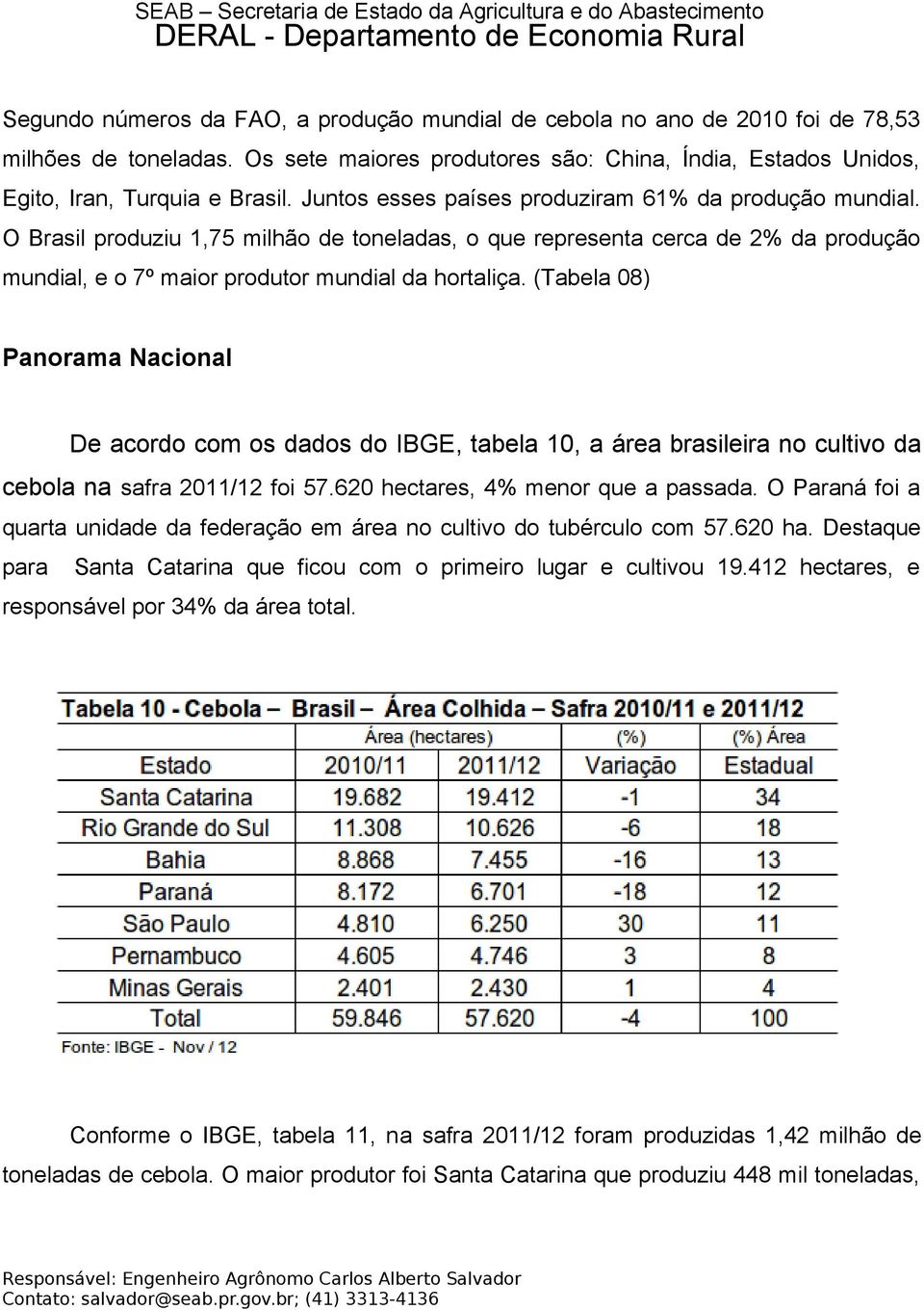 (Tabela 08) Panorama Nacional De acordo com os dados do IBGE, tabela 0, a área brasileira no cultivo da cebola na safra 0/ foi 57.60 hectares, 4% menor que a passada.