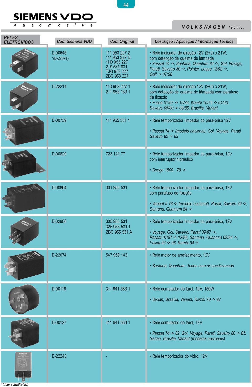 de queima de lâmpada Passat 74 ->, Santana, Quantum 84 ->, Gol, Voyage, Parati, Saveiro 80 ->, Pointer, Logus 12/92 ->, Golf -> 07/98 D-22214 113 953 227 1 211 953 183 1 Relé indicador de direção 12V