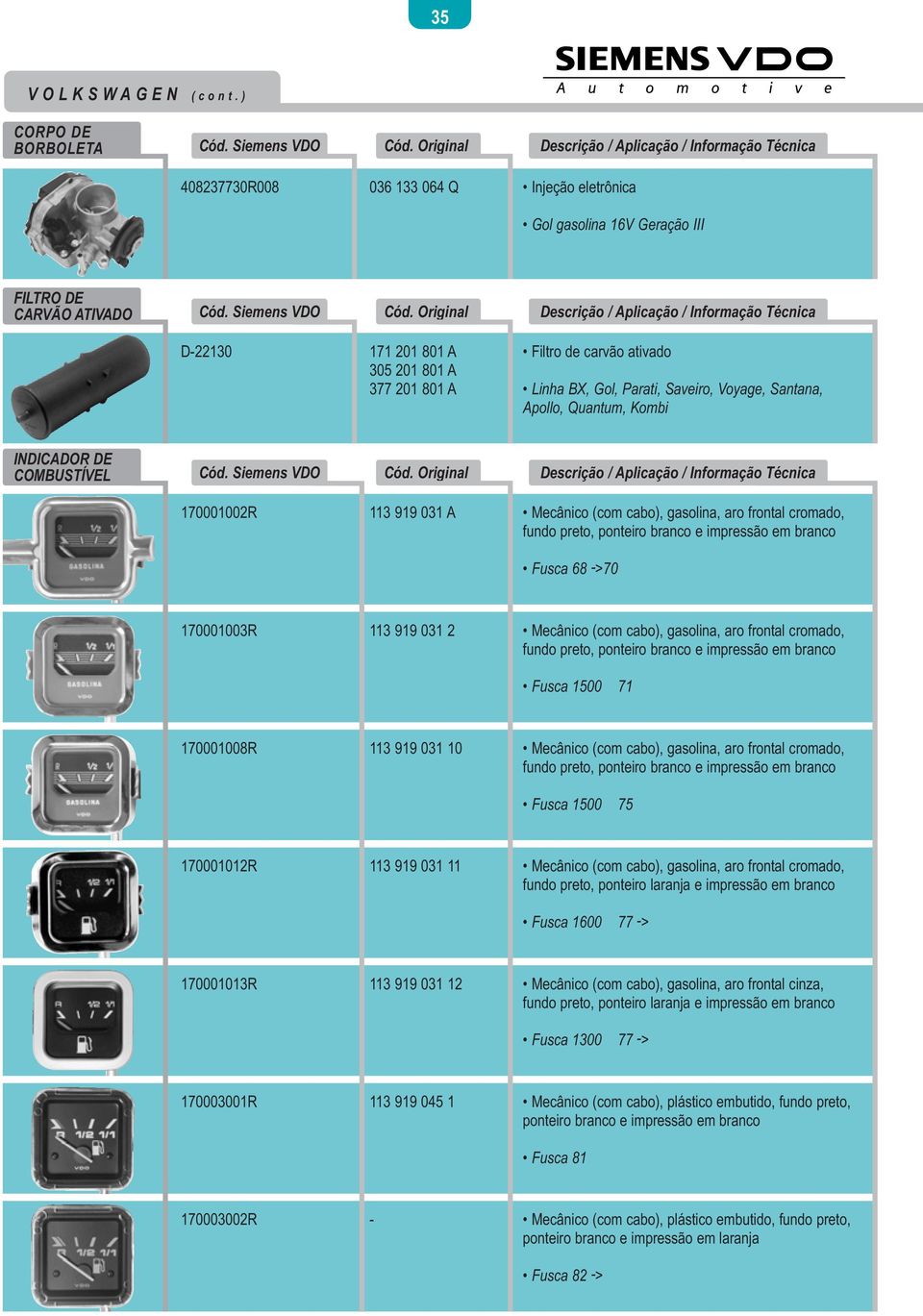 Cód. Descrição / Aplicação / Informação Técnica D-22130 171 201 801 A 305 201 801 A 377 201 801 A Filtro de carvão ativado Linha BX, Gol, Parati, Saveiro, Voyage, Santana, Apollo, Quantum, Kombi