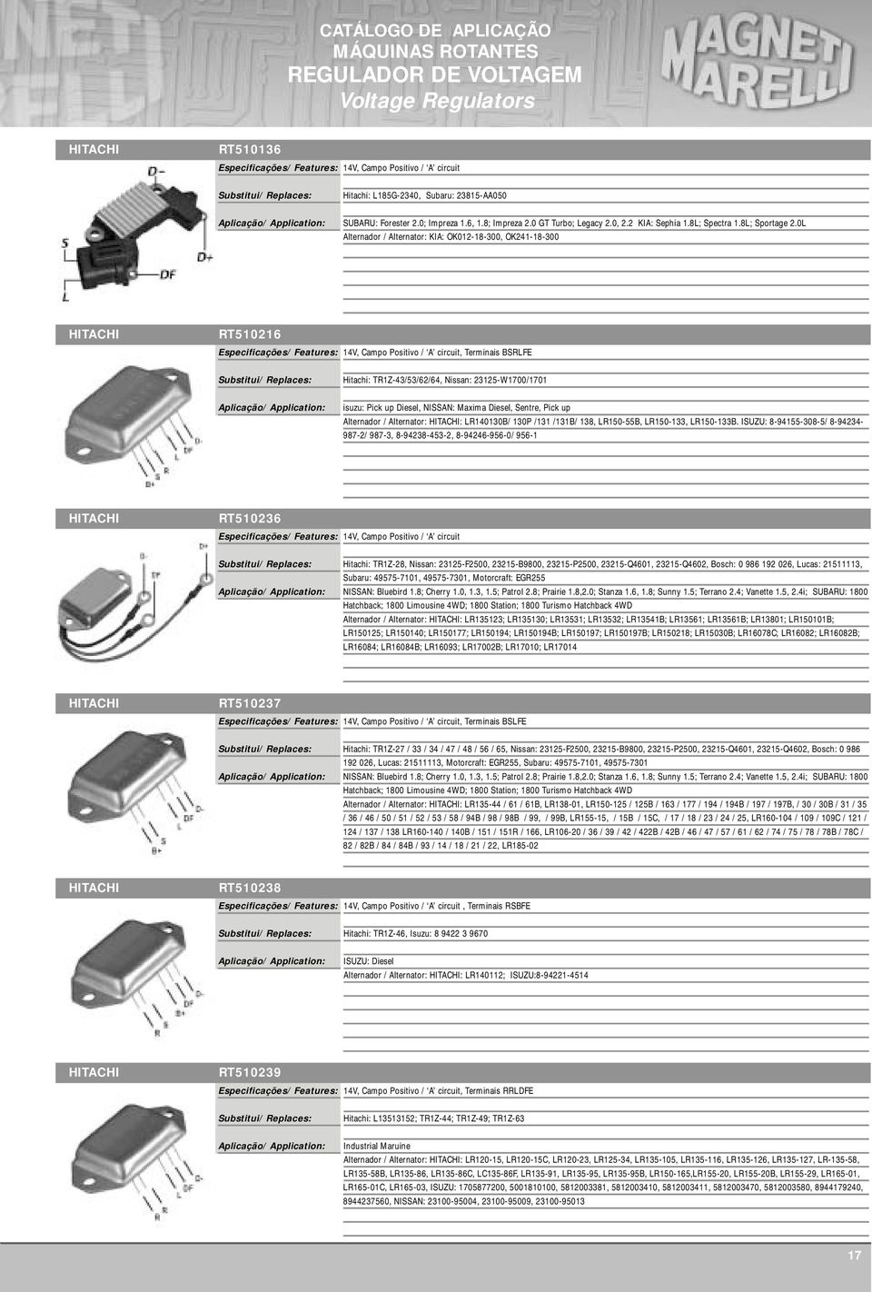 0L Alternador / Alternator: KIA: OK012-18-300, OK241-18-300 HITACHI RT510216 14V, Campo Positivo / A circuit, Terminais BSRLFE Hitachi: TR1Z-43/53/62/64, Nissan: 23125-W1700/1701 isuzu: Pick up