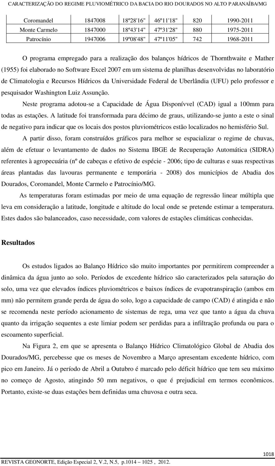 Uberlândia (UFU) pelo professor e pesquisador Washington Luiz Assunção. Neste programa adotou-se a Capacidade de Água Disponívvel (CAD) igual a 1mm para todas as estações.