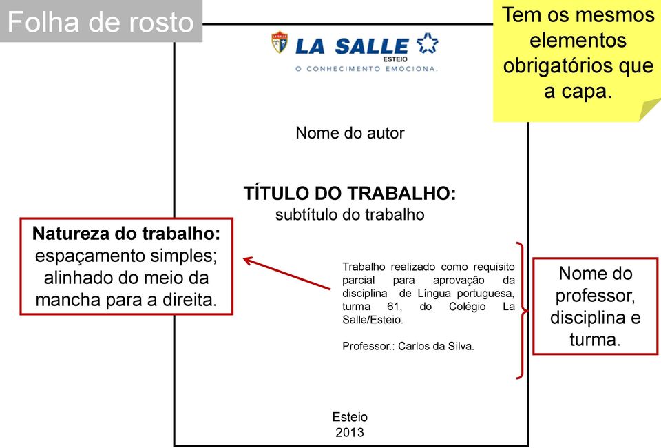 TÍTULO DO TRABALHO: subtítulo do trabalho Trabalho realizado como requisito parcial para aprovação da