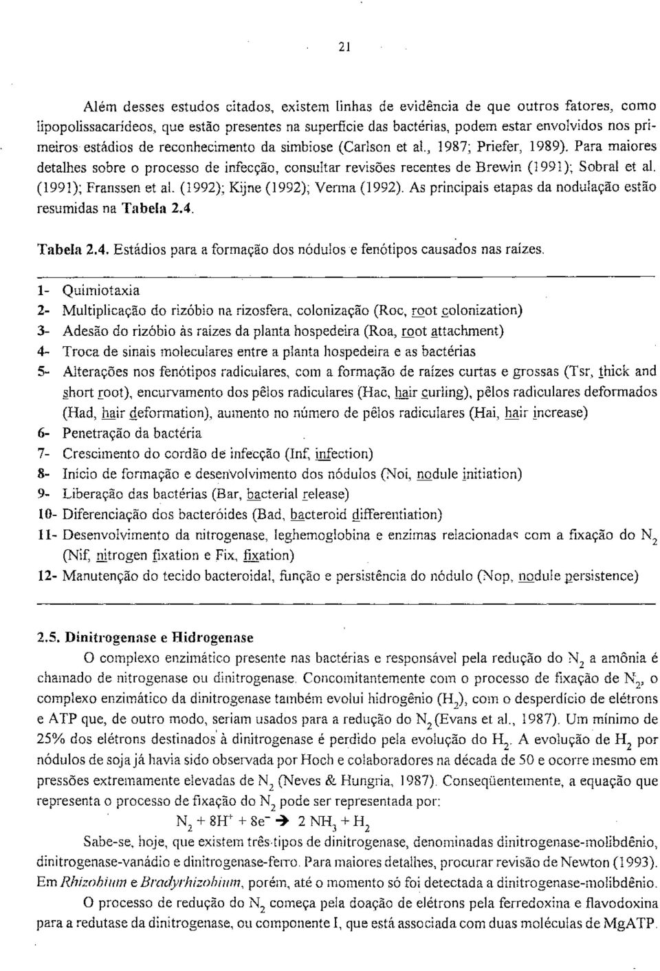 (1991); Franssen et ai. (1992); Kijne (1992); Venna (1992). As principais etapas da nodulação estão resumidas na Tabela 2.4. Tabela 2.4. Estádios para a formação dos nódulos e fenótipos causados nas raízes.