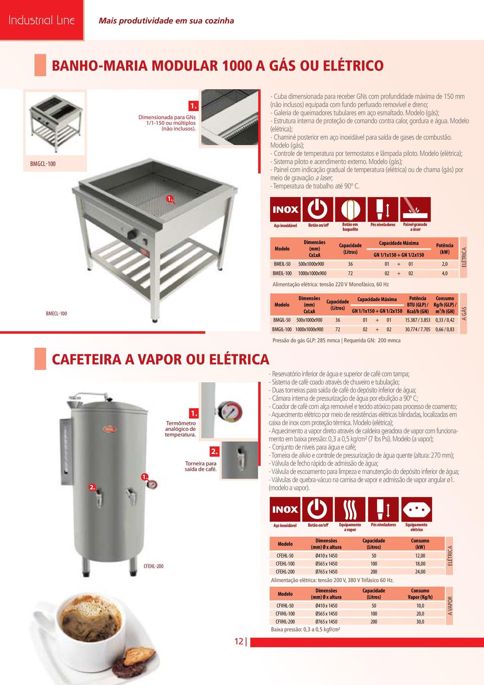 (gás); - Estrutura interna de proteção de comando contra calor, gordura e água. (elétrica); - Chaminé posterior em aço inoxidável para saída de gases de combustão.