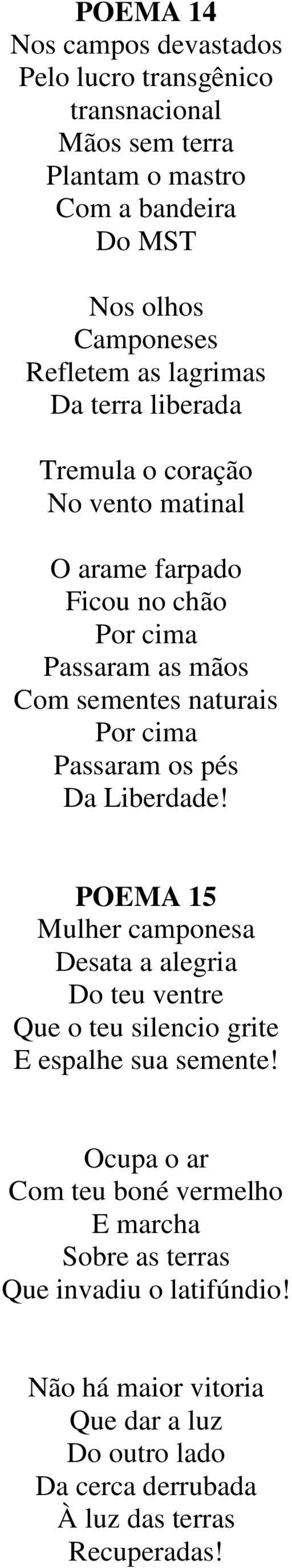 Passaram os pés Da Liberdade! POEMA 15 Mulher camponesa Desata a alegria Do teu ventre Que o teu silencio grite E espalhe sua semente!