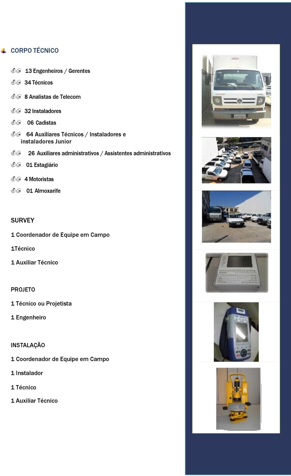 administrativos 01 Estagiário 4 Motoristas 01 Almoxarife SURVEY 1 Coordenador de Equipe em Campo 1Técnico 1