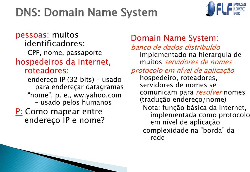 Domain Name System: banco de dados distribuído implementado na hierarquia de muitos servidores de nomes protocolo em nível de aplicação hospedeiro,