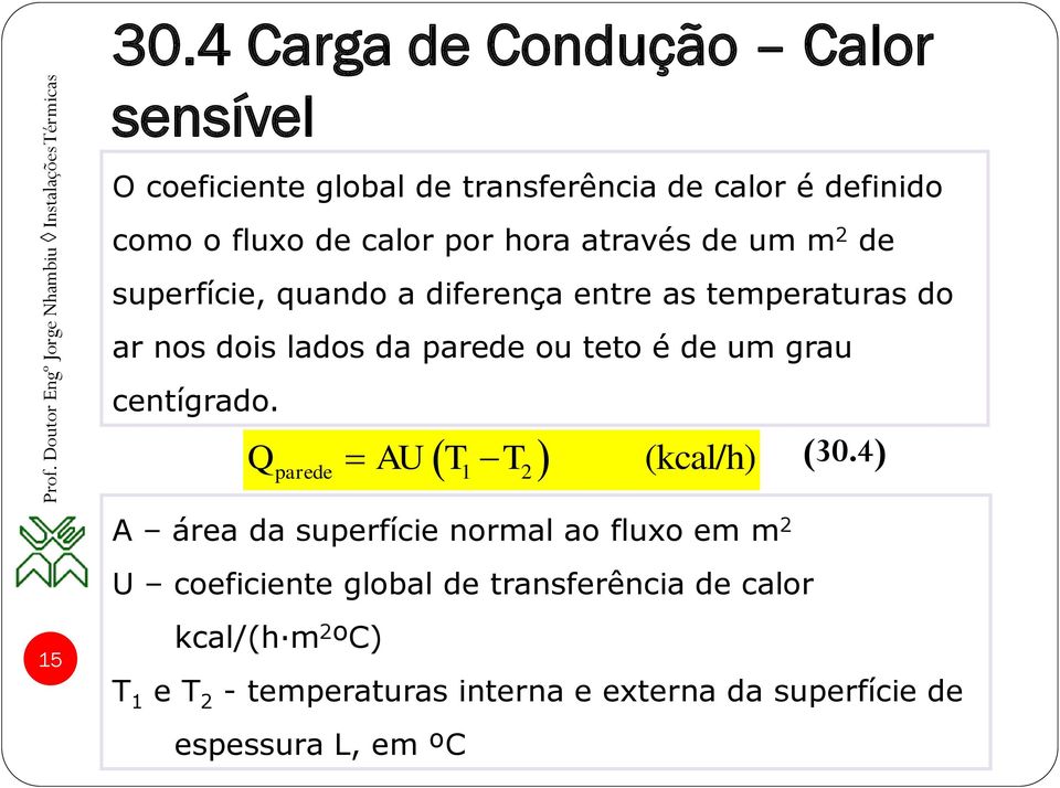 de um grau centígrado. Qparede AU T1 T 2 (kcal/h) (30.