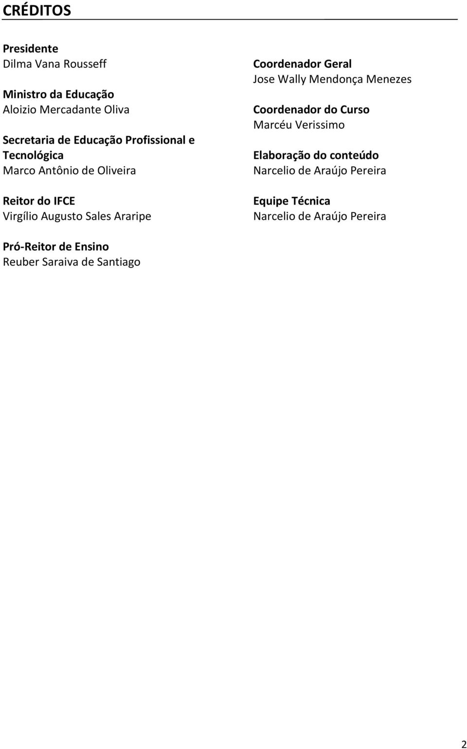 Coordenador Geral Jose Wally Mendonça Menezes Coordenador do Curso Marcéu Verissimo Elaboração do conteúdo