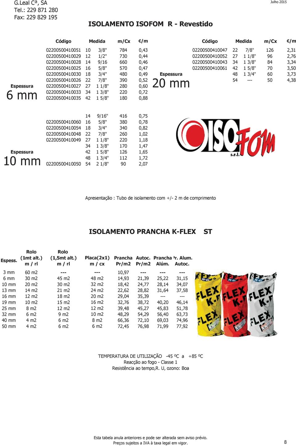 Espessura 48 1 3/4" 60 3,73 02200500410026 22 7/8" 390 0,52 54 --- 50 4,38 02200500410027 27 1 1/8" 280 0,60 20 mm 02200500410033 34 1 3/8" 220 0,72 02200500410035 42 1 5/8" 180 0,88 Espessura 10 mm