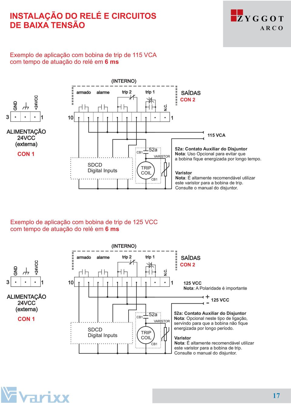 24VCC (externa) CON 1 SDCD Digital Inputs CB1 TRIP COIL 52a VARISTOR CB1 115 VCA 52a: Contato Auxiliar do Disjuntor Nota: Uso Opcional para evitar que a bobina fique energizada por longo tempo.