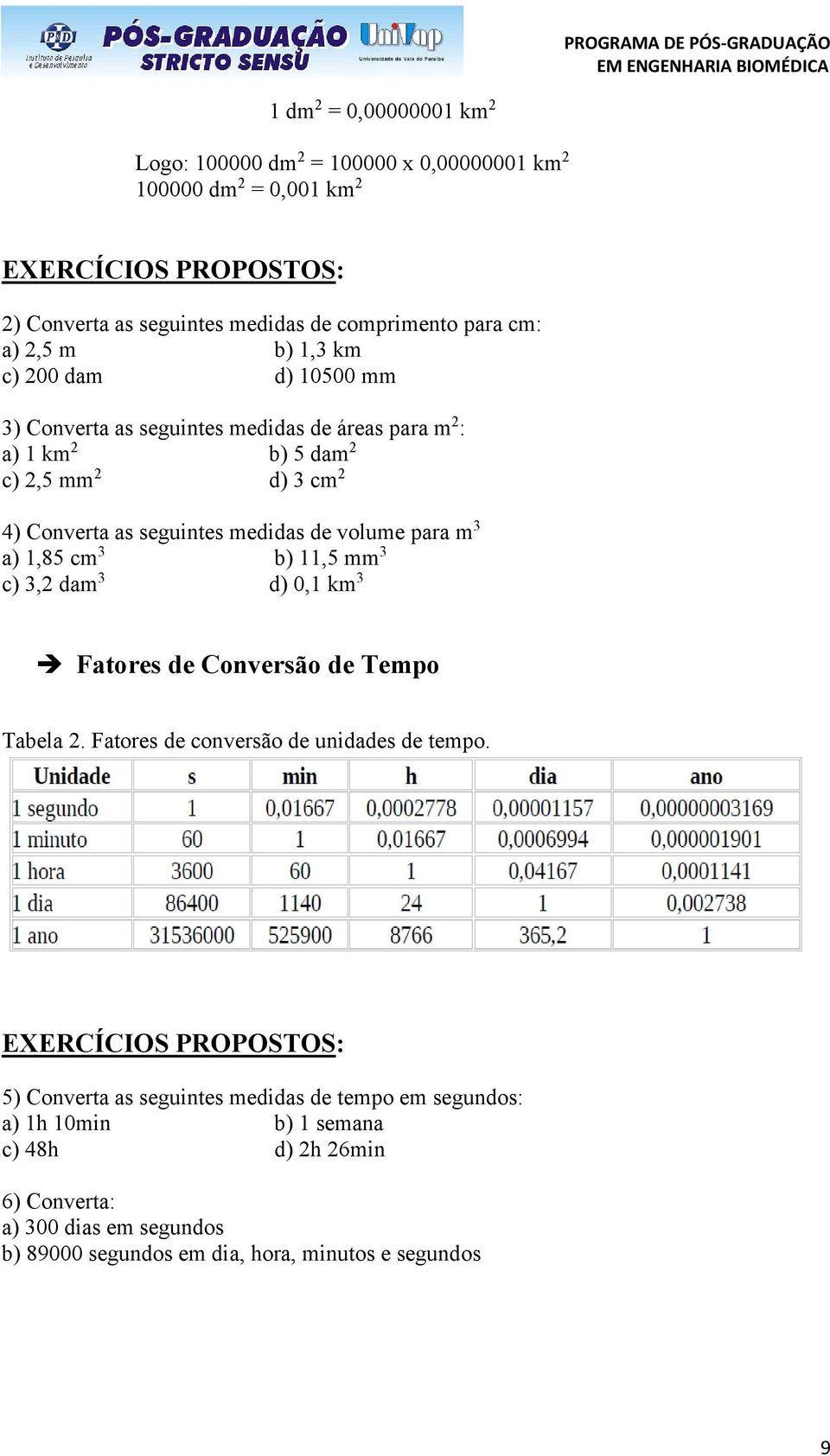 volume para m 3 a) 1,85 cm 3 b) 11,5 mm 3 c) 3,2 dam 3 d) 0,1 km 3 Fatores de Conversão de Tempo Tabela 2. Fatores de conversão de unidades de tempo.