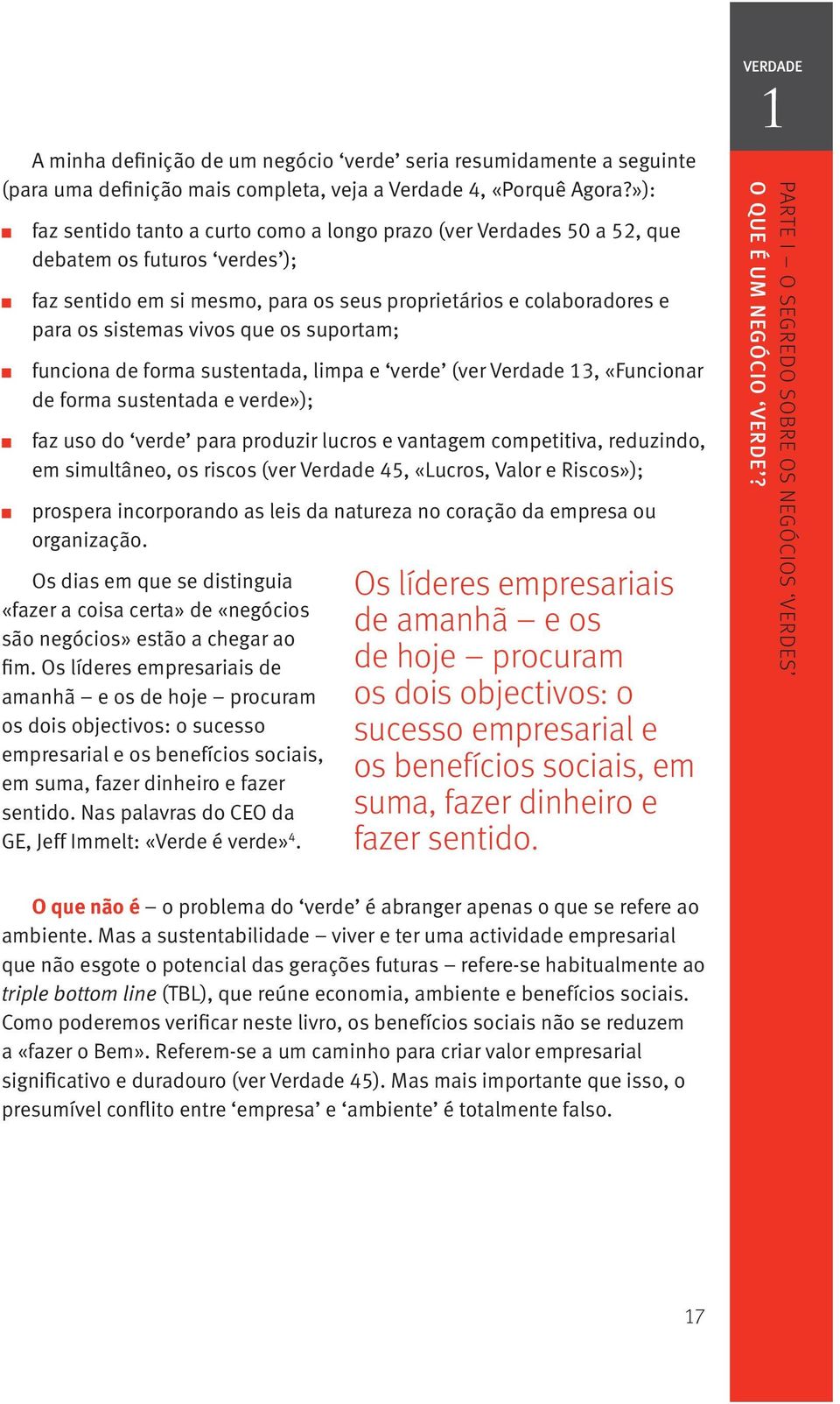 que os suportam; funciona de forma sustentada, limpa e verde (ver Verdade 13, «Funcionar de forma sustentada e verde»); faz uso do verde para produzir lucros e vantagem competitiva, reduzindo, em