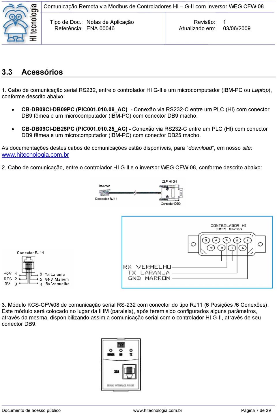 25_AC) - Conexão via RS232-C entre um PLC (HI) com conector DB9 fêmea e um microcomputador (IBM-PC) com conector DB25 macho.