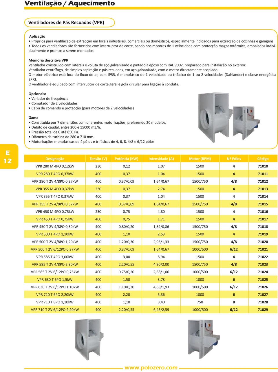 Memória descritiva VPR Ventilador construído com laterais e voluta de aço galvanizado e pintado a epoxy com RAL 9002, preparado para instalação no exterior.