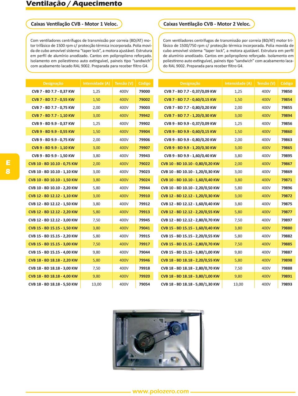 strutura em perfil de alumínio anodizado. Cantos em polipropileno reforçado. Isolamento em poliestireno auto extinguível, paineis tipo sandwich com acabamento lacado RAL 9002.