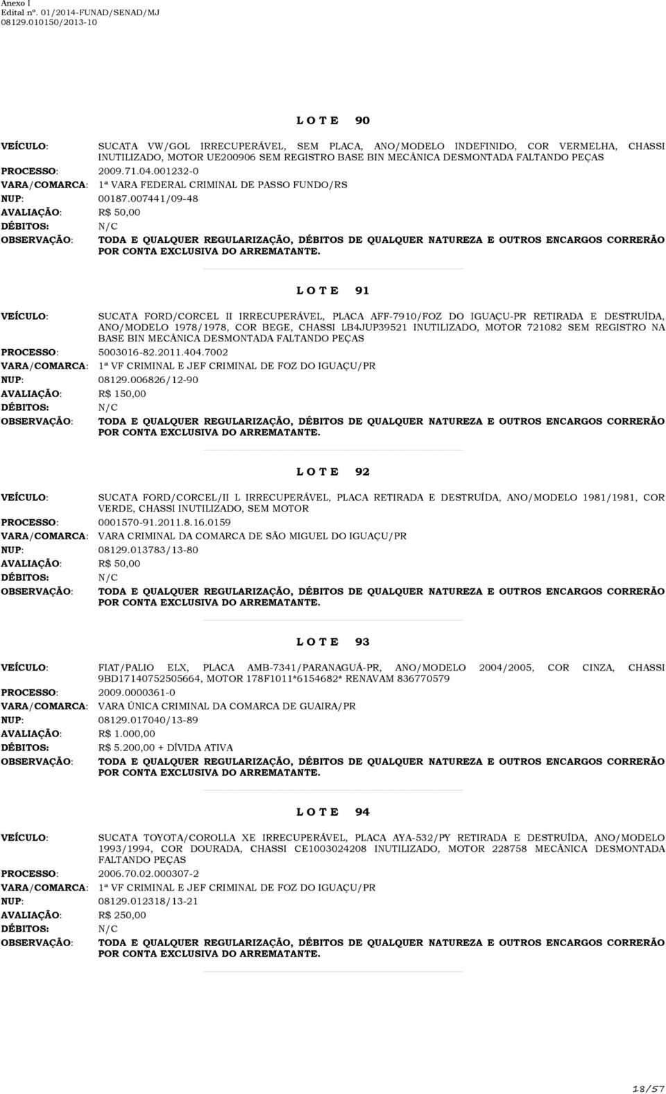 007441/09-48 AVALIAÇÃO: R$ 50,00 L O T E 91 SUCATA FORD/CORCEL II IRRECUPERÁVEL, PLACA AFF-7910/FOZ DO IGUAÇU-PR RETIRADA E DESTRUÍDA, ANO/MODELO 1978/1978, COR BEGE, CHASSI LB4JUP39521 INUTILIZADO,