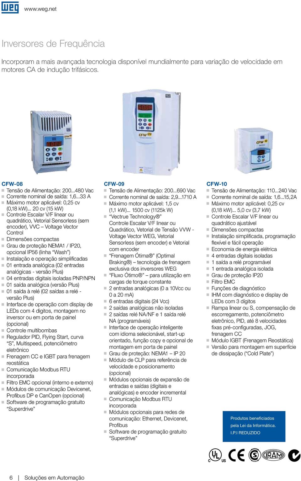 .. 20 cv (15 kw) Controle Escalar V/F linear ou quadrático, Vetorial Sensorless (sem encoder), VVC Voltae Vector Control Dimensões compactas Grau de proteção NEMA1 / IP20, opcional IP56 (linha Wash )