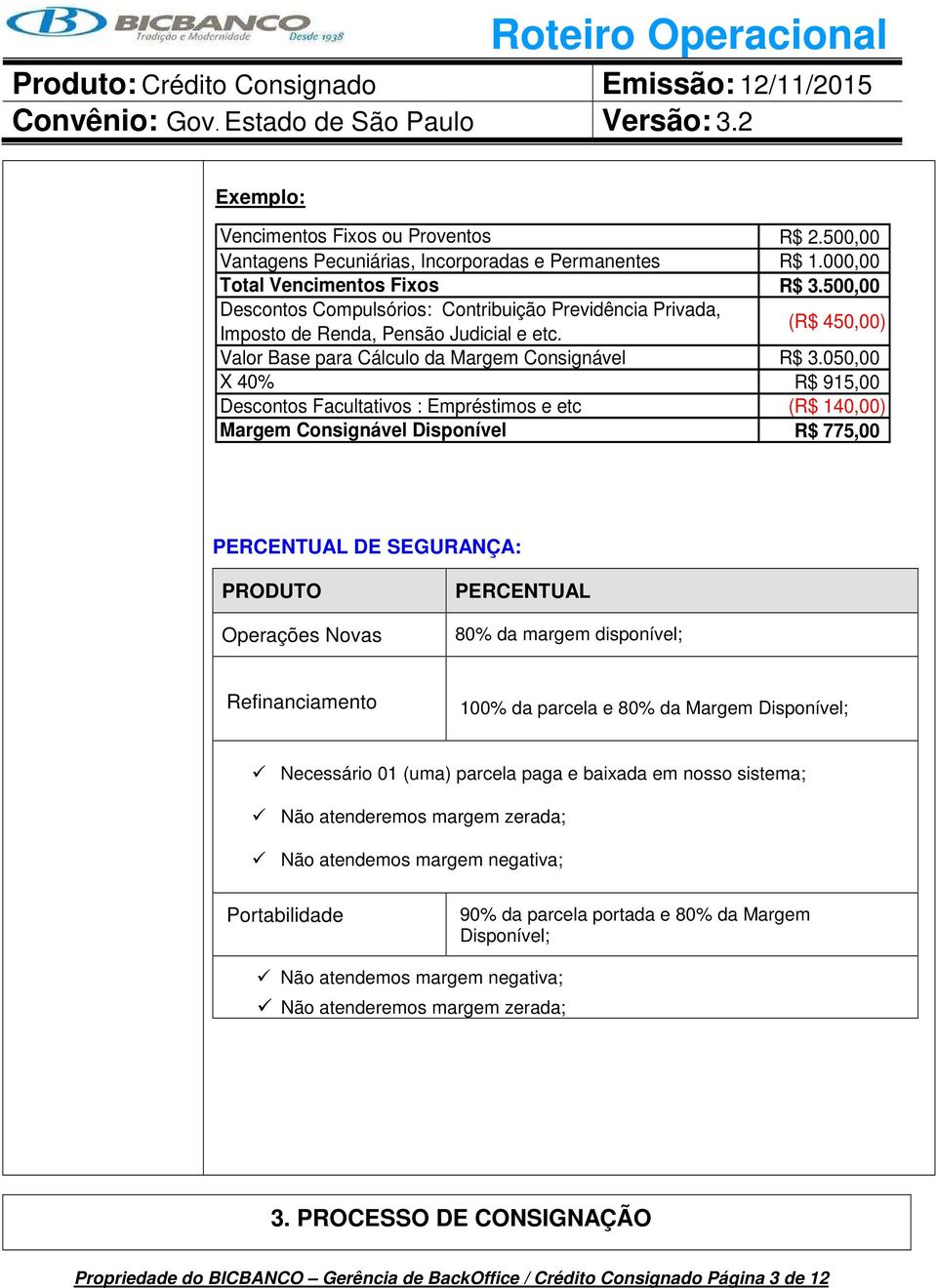 050,00 X 40% R$ 915,00 Descontos Facultativos : Empréstimos e etc (R$ 140,00) Margem Consignável Disponível R$ 775,00 PERCENTUAL DE SEGURANÇA: PRODUTO Operações Novas PERCENTUAL 80% da margem