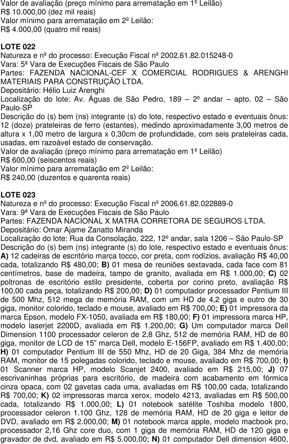 Depositário: Hélio Luiz Arenghi Localização do lote: Av. Águas de São Pedro, 189 2º andar apto.