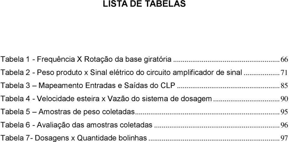 .. 71 Tabela 3 Mapeamento Entradas e Saídas do CLP.