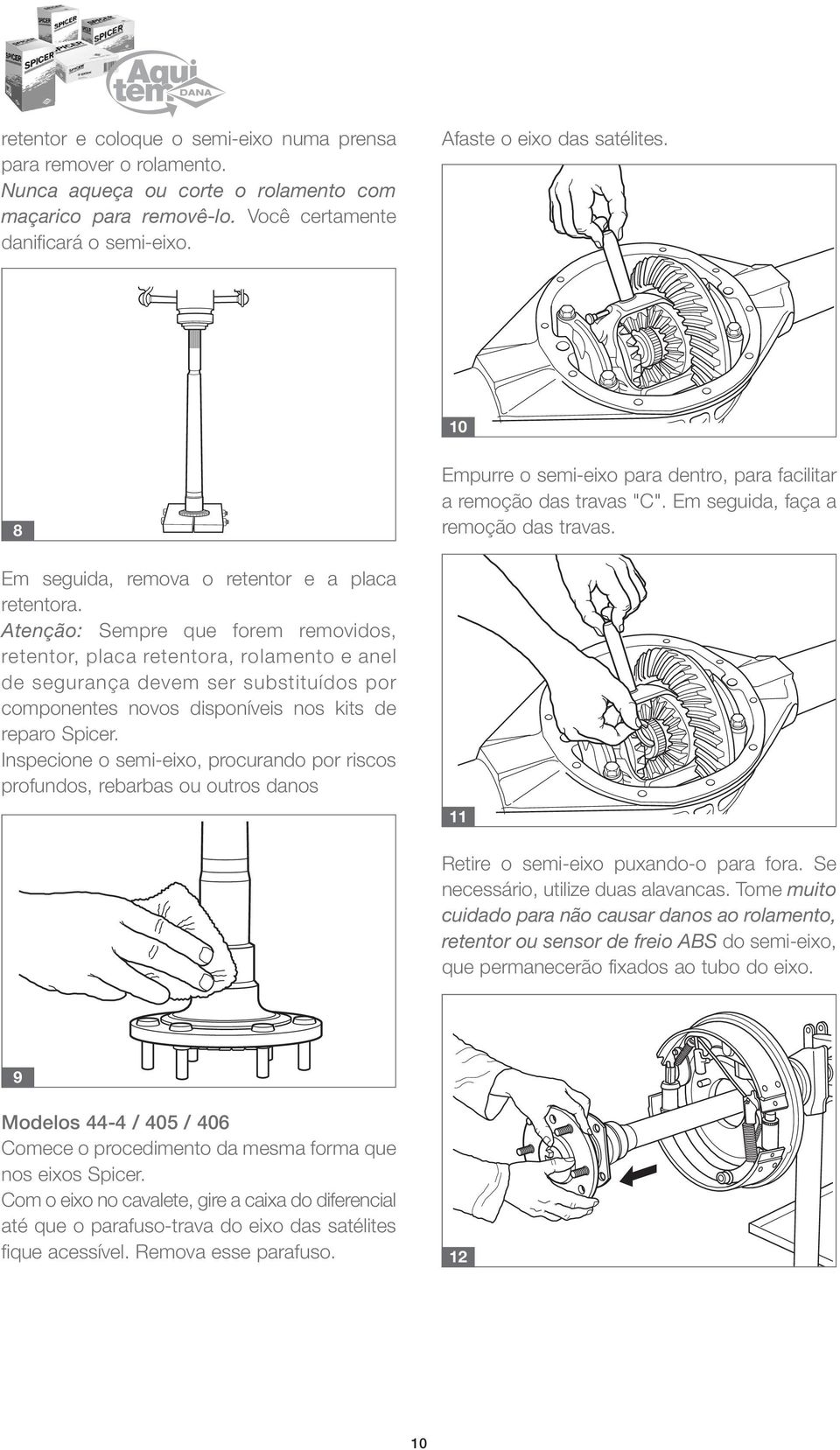 Atenção: Sempre que forem removidos, retentor, placa retentora, rolamento e anel de segurança devem ser substituídos por componentes novos disponíveis nos kits de reparo Spicer.