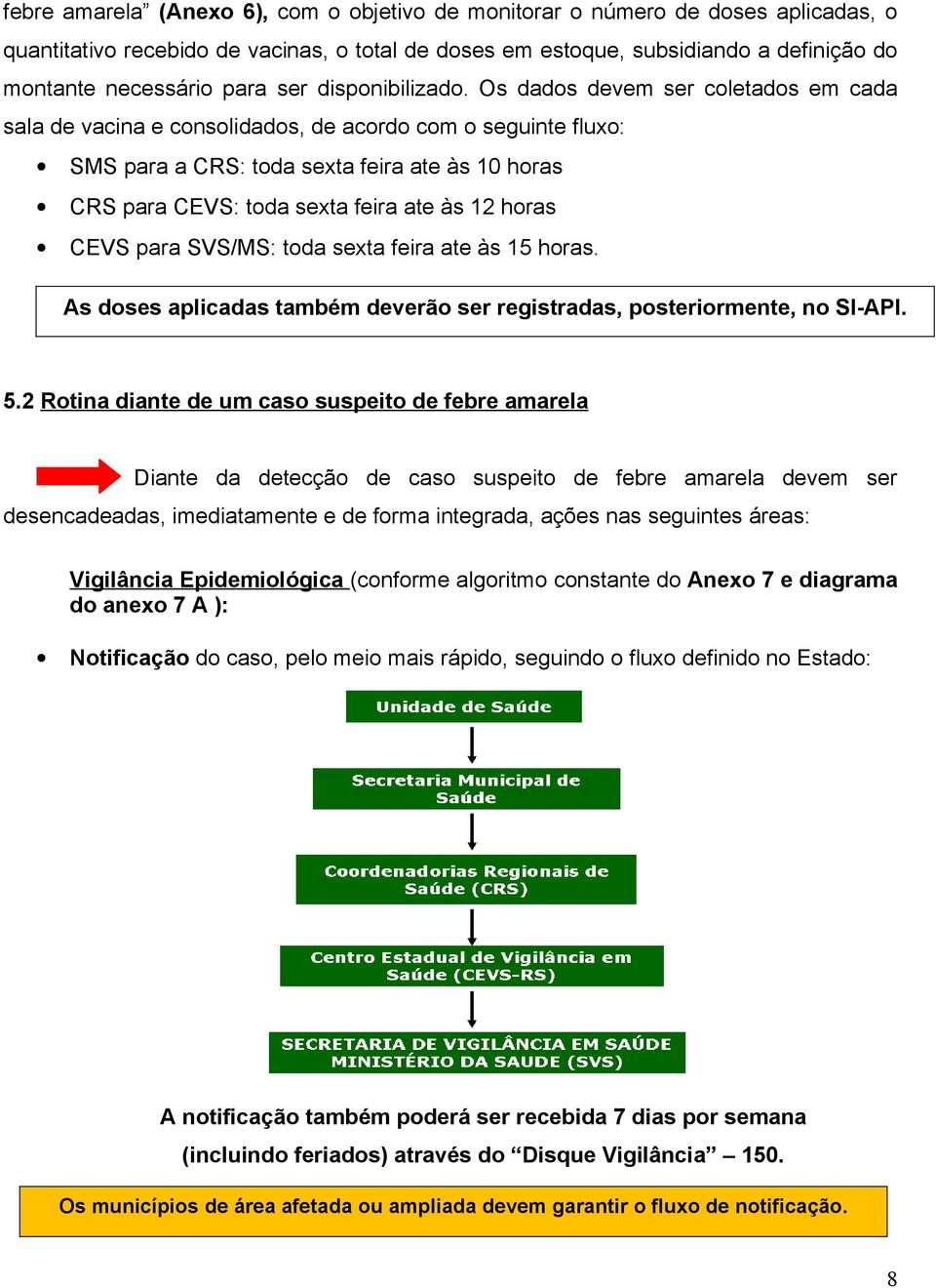 Os dados devem ser coletados em cada sala de vacina e consolidados, de acordo com o seguinte fluxo: SMS para a CRS: toda sexta feira ate às 10 horas CRS para CEVS: toda sexta feira ate às 12 horas