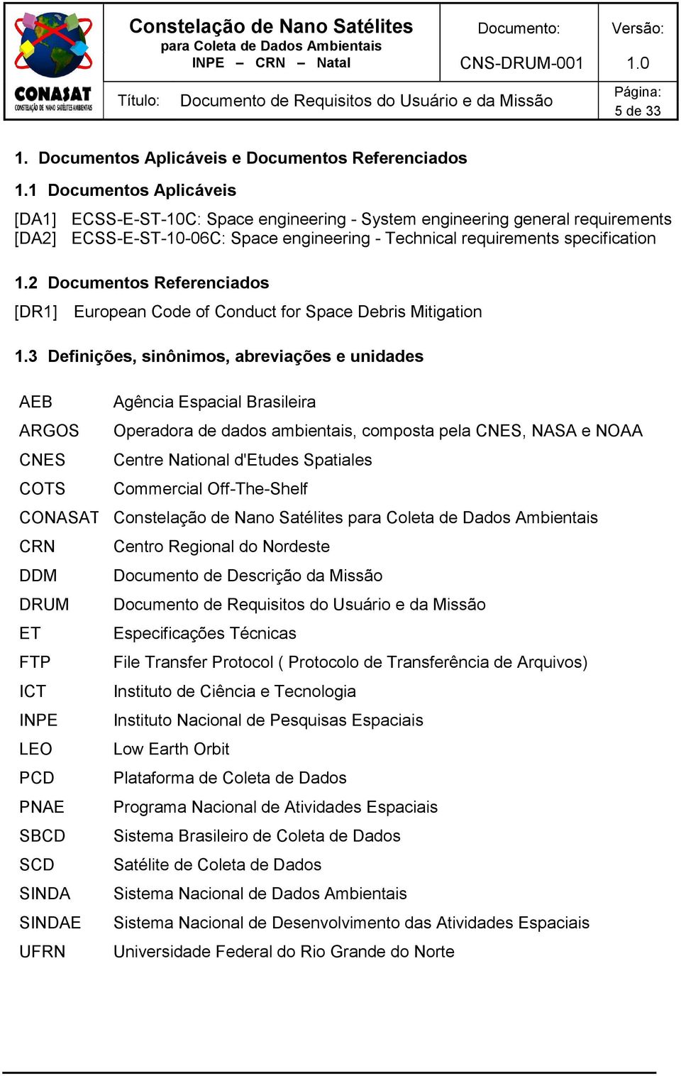 2 Documentos Referenciados [DR1] European Code of Conduct for Space Debris Mitigation 1.