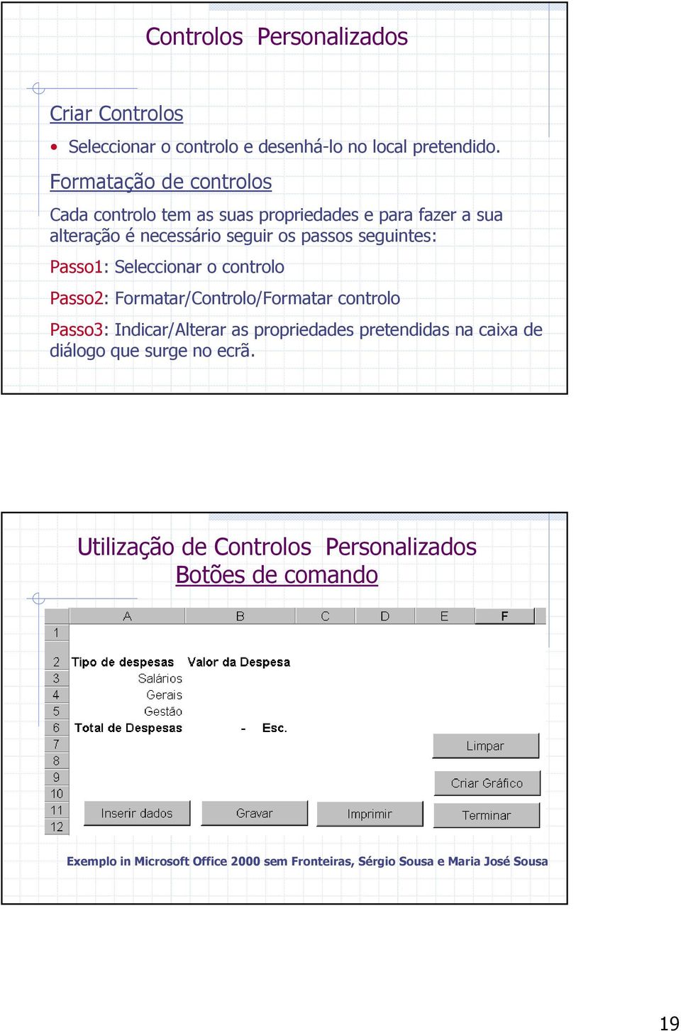 Passo1: Seleccionar o controlo Passo2: Formatar/Controlo/Formatar controlo Passo3: Indicar/Alterar as propriedades pretendidas na