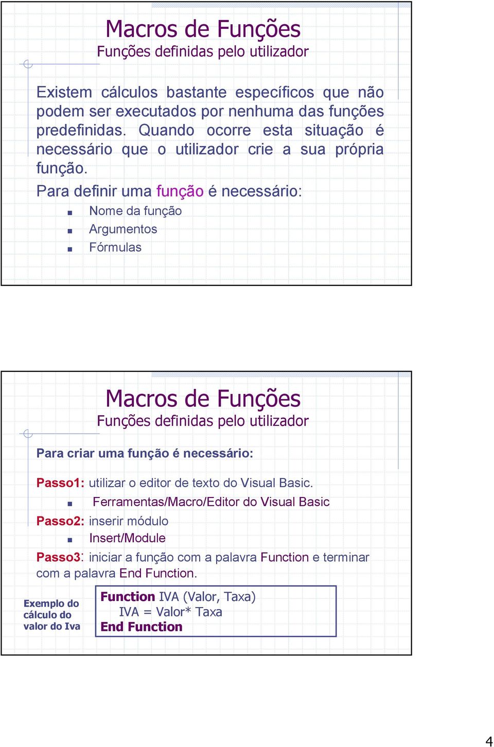 Para definir uma função é necessário: Nome da função Argumentos Fórmulas Macros de Funções Funções definidas pelo utilizador Para criar uma função é necessário: Passo1: utilizar