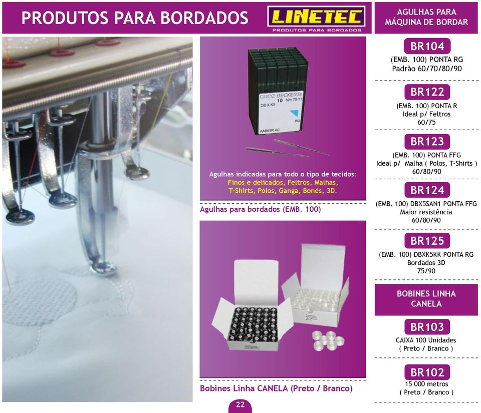 Agulhas para bordados (EMB. 100) BR123 (EMB. 100) PONTA FFG Ideal p/ Malha ( Polos, T-Shirts ) 60/80/90 BR124 (EMB.