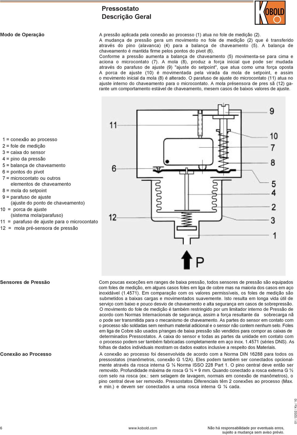 A balança de chaveamento é mantida firme pelos pontos do pivot (6). Conforme a pressão aumenta a balança de chaveamento (5) movimenta-se para cima e aciona o microcontato (7).