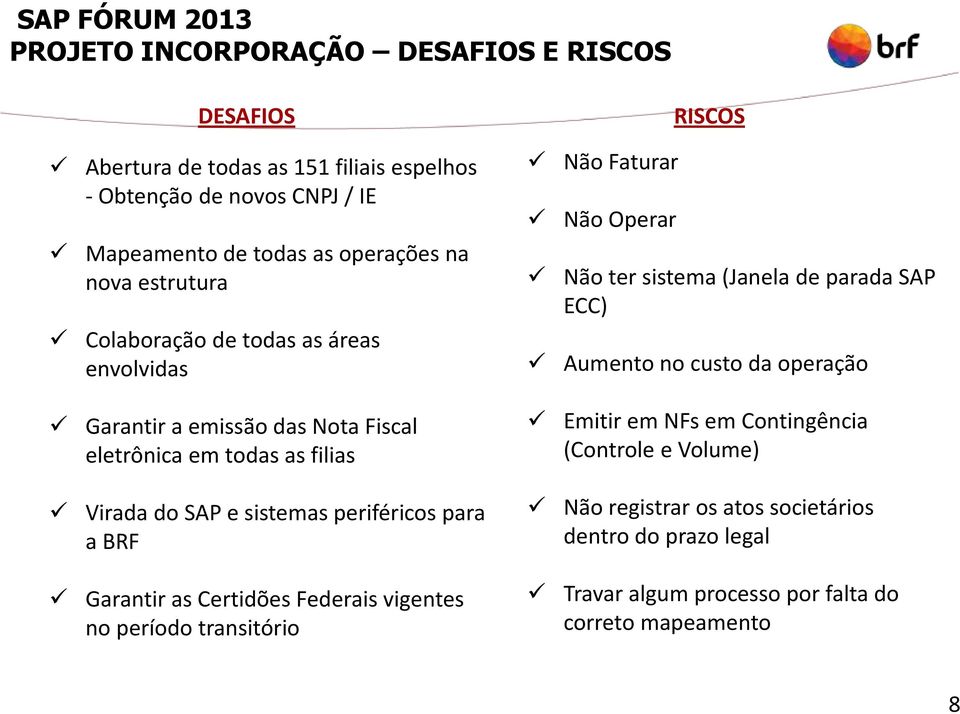 para a BRF Garantir as Certidões Federais vigentes no período transitório Não Faturar Não Operar Não ter sistema (Janela de parada SAP ECC) Aumento no custo da