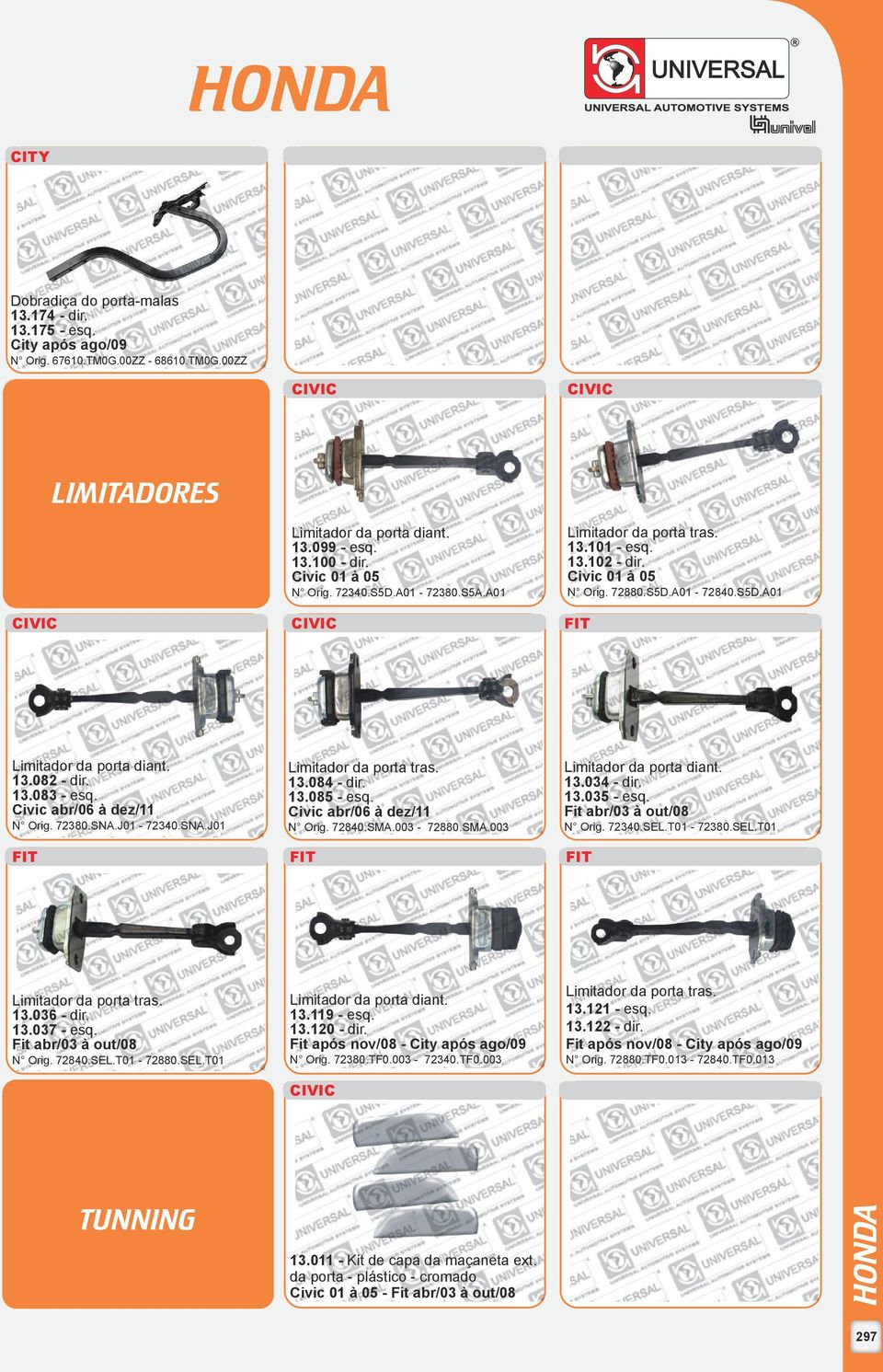 13.084 - dir. 13.085 - esq. N Orig. 72840.SMA.003-72880.SMA.003 Limitador da porta diant. 13.034 - dir. 13.035 - esq. N Orig. 72340.SEL.T01-72380.SEL.T01 Limitador da porta tras. 13.036 - dir. 13.037 - esq.