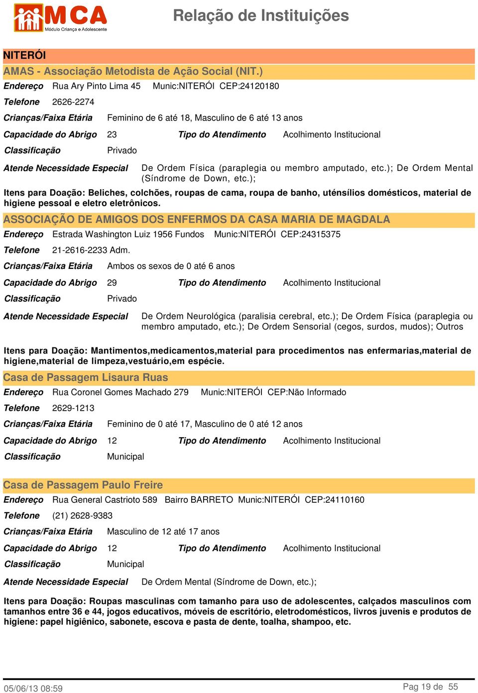 ); De Ordem Mental (Síndrome de Down, etc.); Itens para Doação: Beliches, colchões, roupas de cama, roupa de banho, uténsílios domésticos, material de higiene pessoal e eletro eletrônicos.