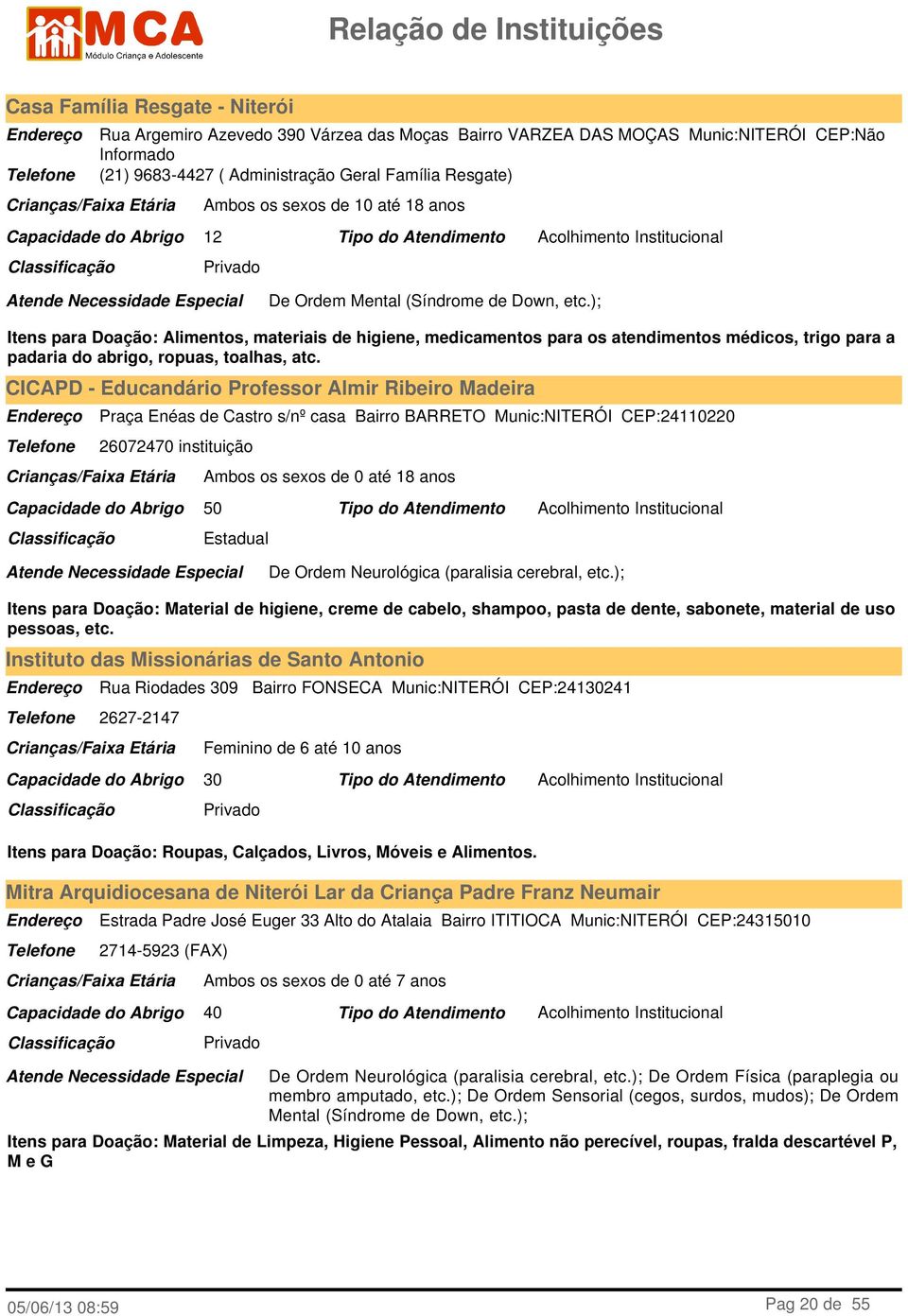 ); Itens para Doação: Alimentos, materiais de higiene, medicamentos para os atendimentos médicos, trigo para a padaria do abrigo, ropuas, toalhas, atc.