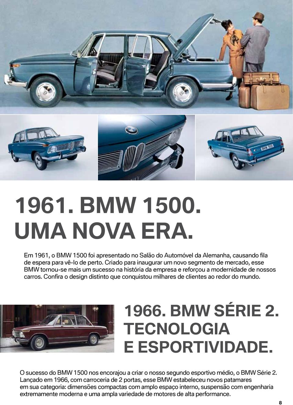 Confira o design distinto que conquistou milhares de clientes ao redor do mundo. 1966. BMW Série 2. Tecnologia e esportividade.