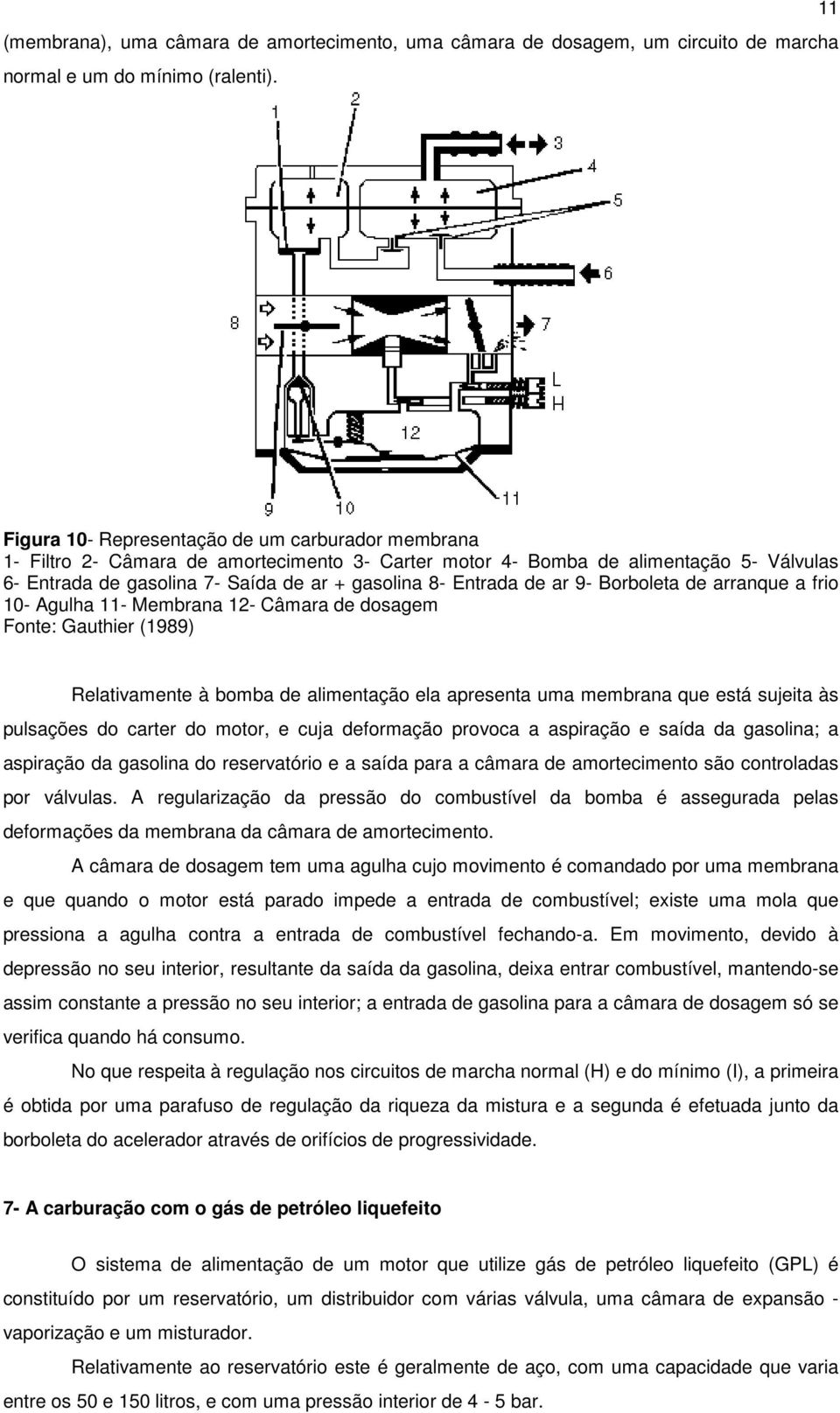 Entrada de ar 9- Borboleta de arranque a frio 10- Agulha 11- Membrana 12- Câmara de dosagem Fonte: Gauthier (1989) Relativamente à bomba de alimentação ela apresenta uma membrana que está sujeita às