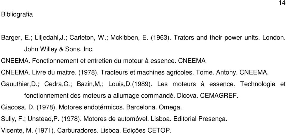 ; Cedra,C.; Bazin,M,; Louis,D.(1989). Les moteurs à essence. Technologie et fonctionnement des moteurs a allumage commandé. Dicova. CEMAGREF. Giacosa, D. (1978).