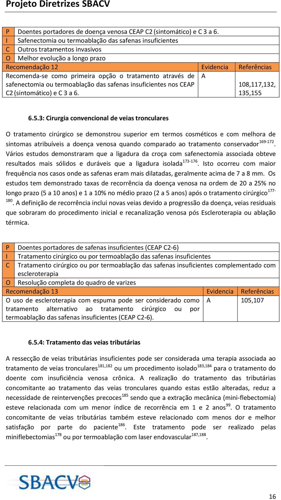 tratamento através de safenectomia ou termoablação das safenas insuficientes nos CEAP C2 (sintomático) e C 3 a 6. A 108,117,132, 135,