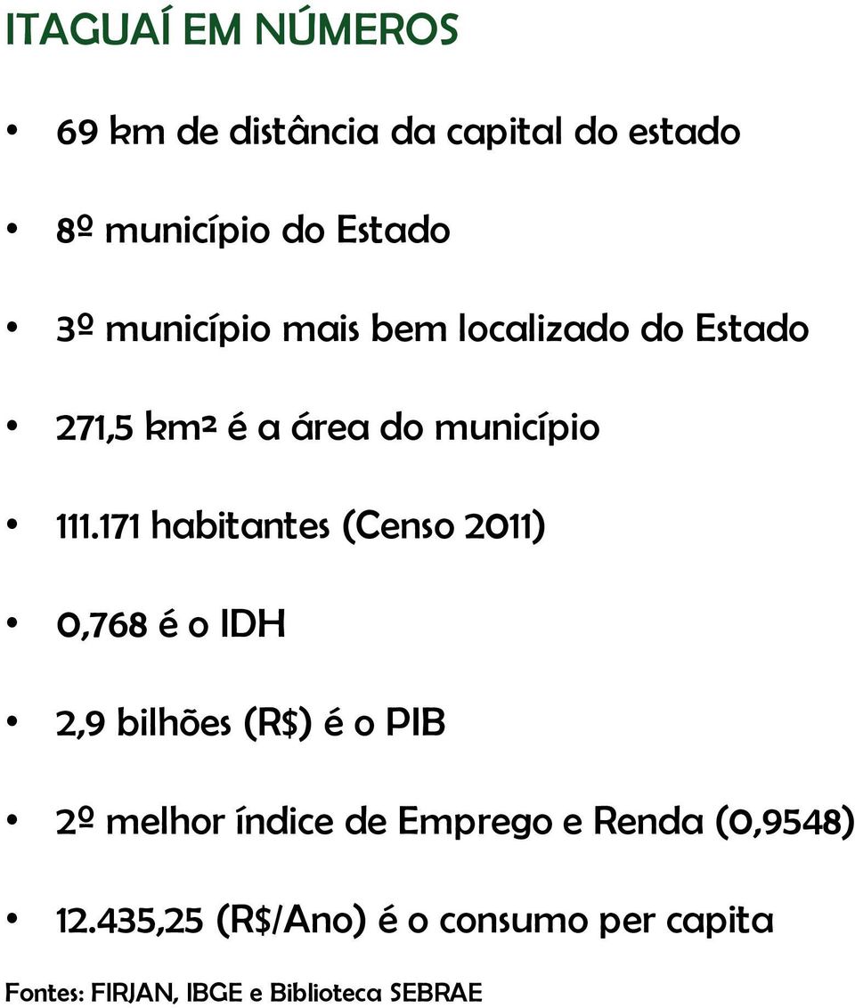 171 habitantes (Censo 2011) 0,768 é o IDH 2,9 bilhões (R$) é o PIB 2º melhor índice de