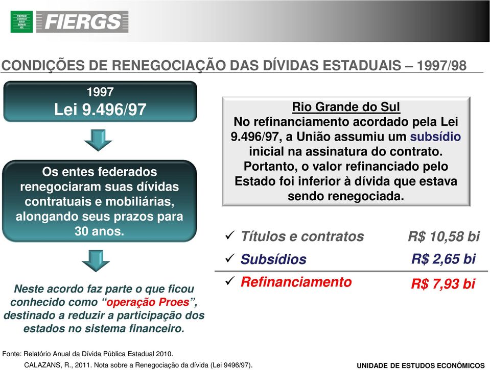 Rio Grande do Sul No refinanciamento acordado pela Lei 9.496/97, a União assumiu um subsídio inicial na assinatura do contrato.