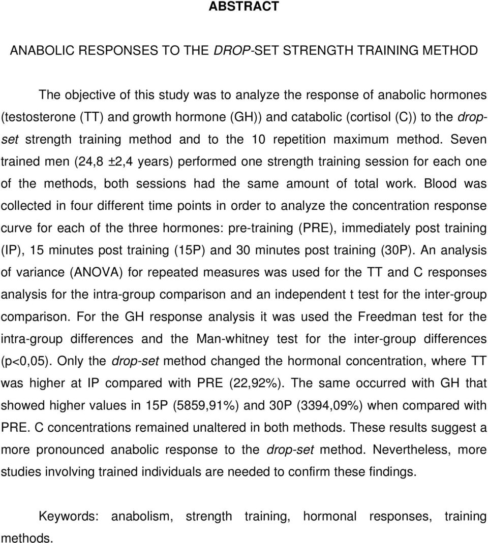 Seven trained men (24,8 ±2,4 years) performed one strength training session for each one of the methods, both sessions had the same amount of total work.