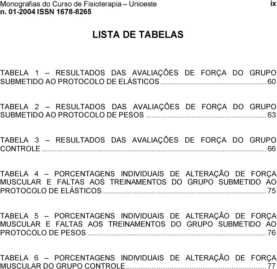 .. 66 TABELA 4 PORCENTAGENS INDIVIDUAIS DE ALTERAÇÃO DE FORÇA MUSCULAR E FALTAS AOS TREINAMENTOS DO GRUPO SUBMETIDO AO PROTOCOLO DE ELÁSTICOS.