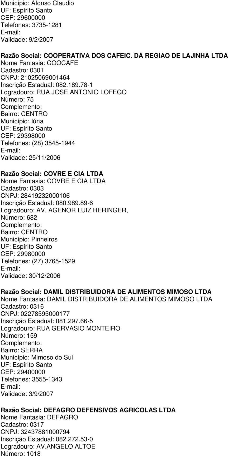 78-1 Logradouro: RUA JOSE ANTONIO LOFEGO Número: 75 Município: Iúna CEP: 29398000 Telefones: (28) 3545-1944 Validade: 25/11/2006 Razão Social: COVRE E CIA LTDA Nome Fantasia: COVRE E CIA LTDA