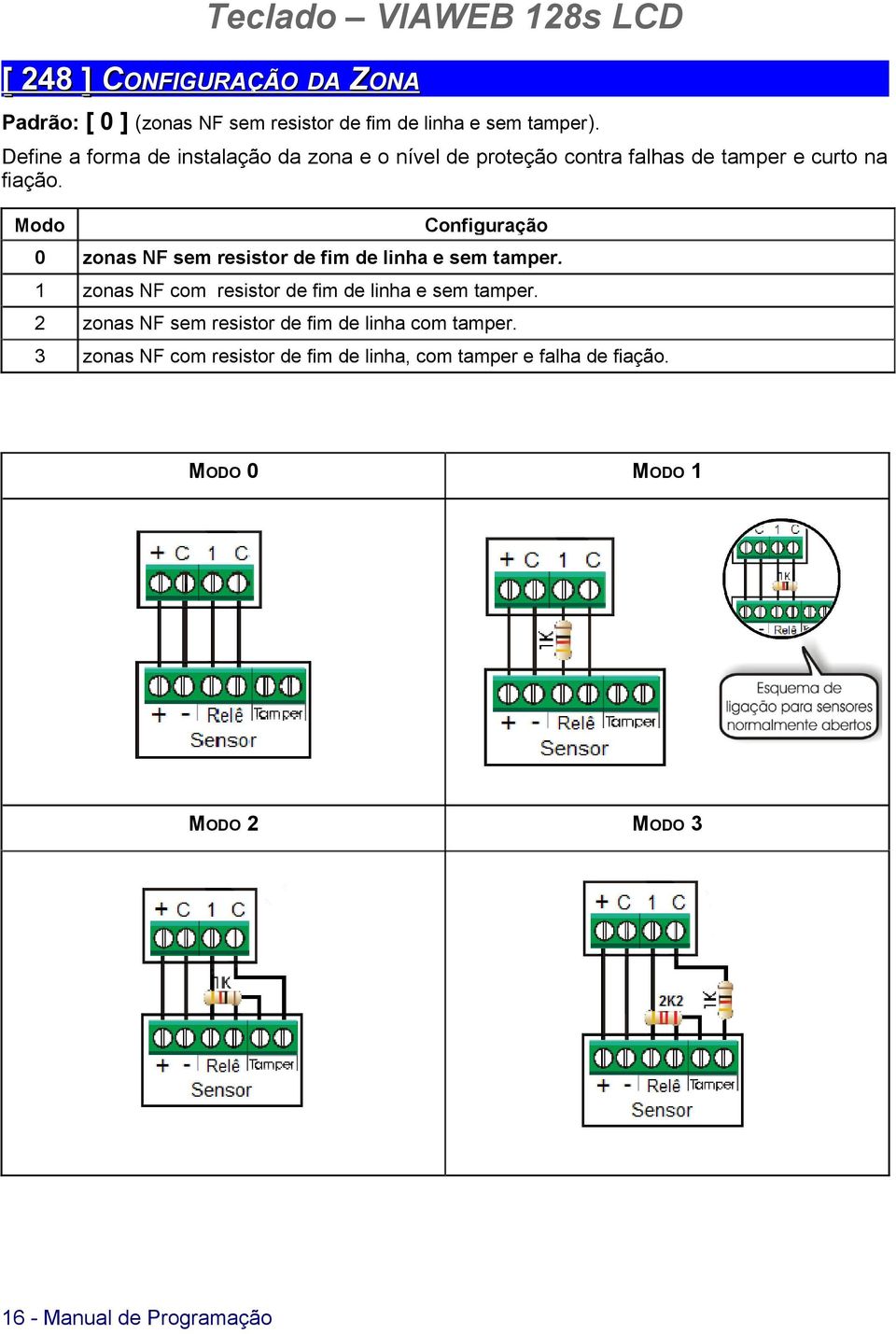 Modo Configuração 0 zonas NF sem resistor de fim de linha e sem tamper. 1 zonas NF com resistor de fim de linha e sem tamper.