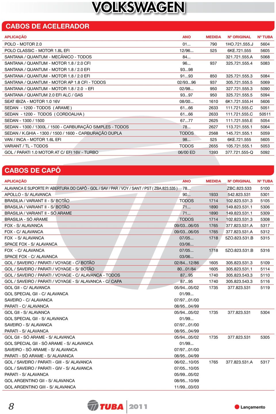 8 CFI - TODOS 02/93...96 937 305.721.555.5 5069 SANTANA / QUANTUM - MOTOR 1.8 / 2.0 - EFI 02/98... 950 327.721.555.3 5090 SANTANA / QUANTUM 2.0 EFI ALC / GAS 93...97 950 325.721.555.5 5094 SEAT IBIZA - MOTOR 1.