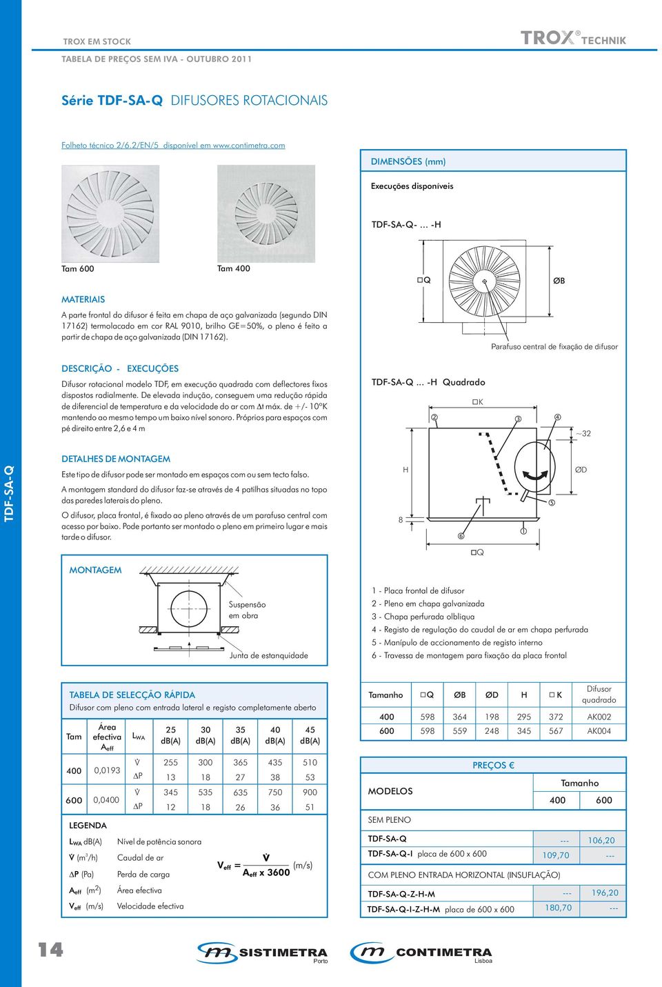 galvanizada (DIN 17162). DESCRIÇÃO EXECUÇÕES Difusor rotacional modelo TDF, em execução quadrada com deflectores fixos dispostos radialmente.