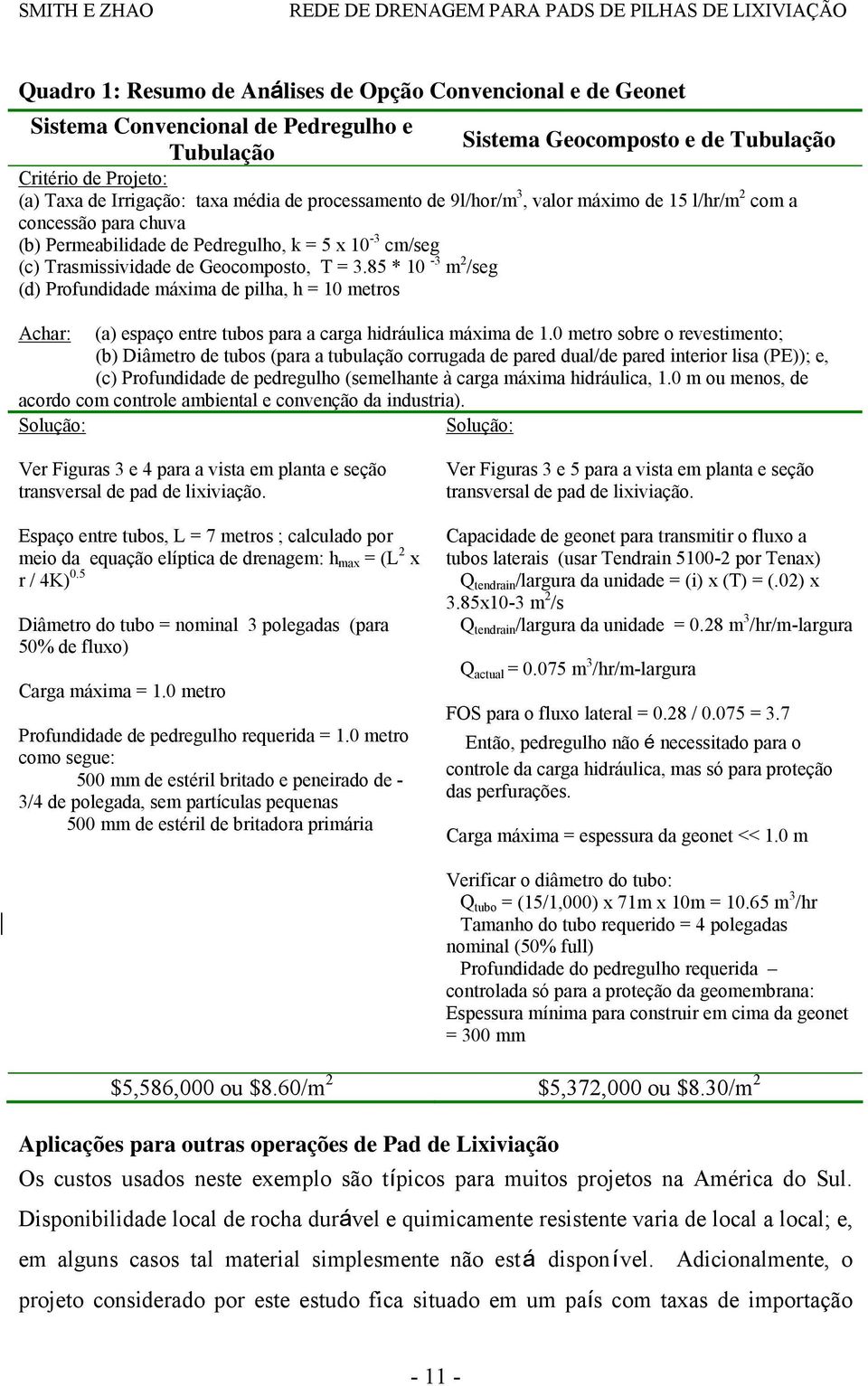 85 * 10-3 m 2 /seg (d) Profundidade máxima de pilha, h = 10 metros Achar: (a) espaço entre tubos para a carga hidráulica máxima de 1.