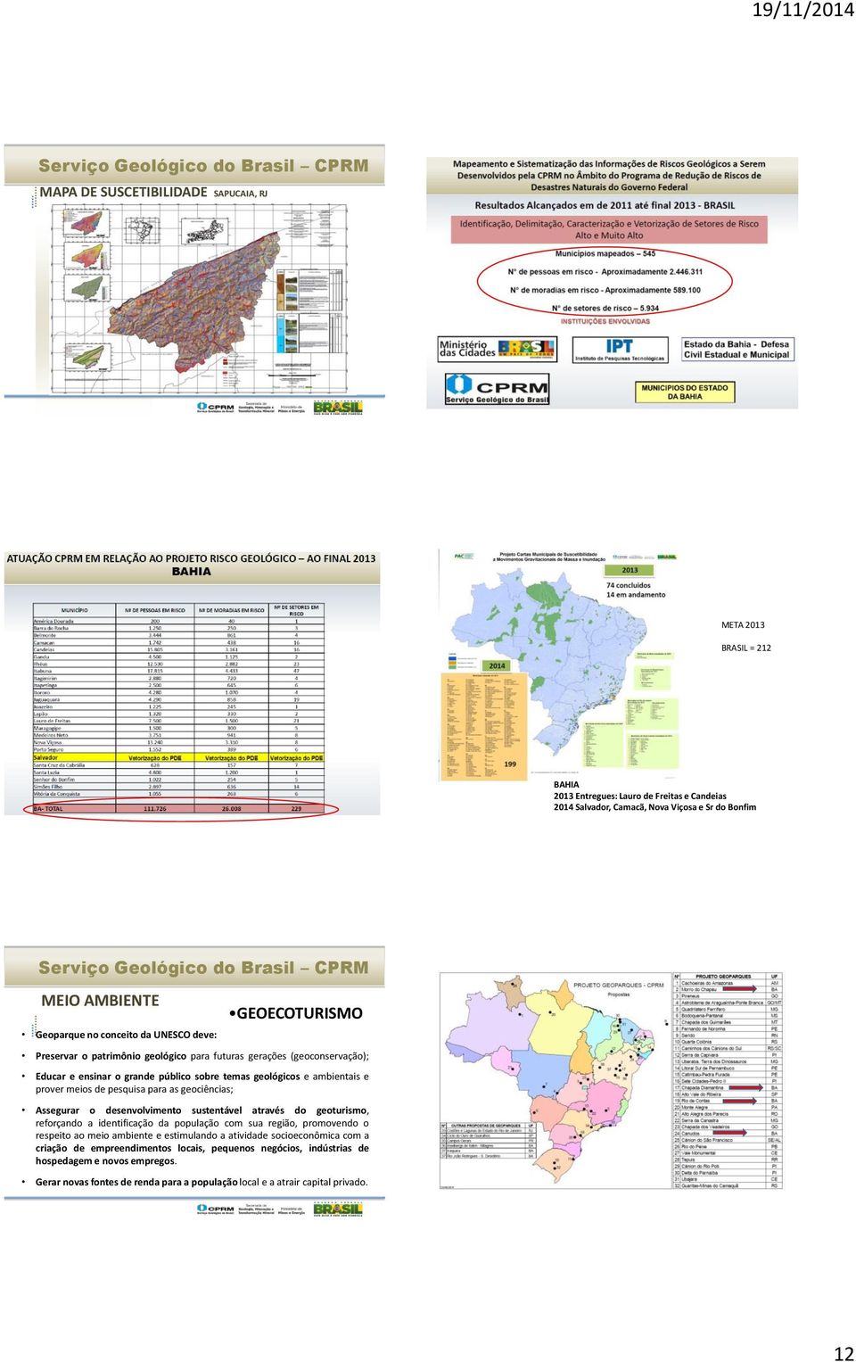 para as geociências; Assegurar o desenvolvimento sustentável através do geoturismo, reforçando a identificação da população com sua região, promovendo o respeito ao meio ambiente e estimulando a